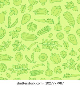 Seamless vector pattern with different vegetables. Lovely background for eco, bio, natural companies, vegan food, organic and healthy cooking. 