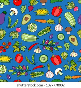 Seamless vector pattern with different vegetables. Lovely background for eco, bio, natural companies, vegan food, organic and healthy cooking. 