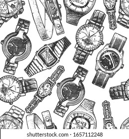 Seamless vector pattern with different watches in old fashioned etched style on white background.