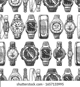 Seamless vector pattern with different watches in old fashioned etched style on white background.