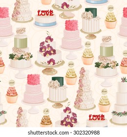 Seamless vector pattern with different wedding cakes in vintage style on light background