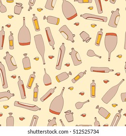 Seamless vector pattern with different wine bottles, cups and jugs. Hand-drawn Georgian style for menu.