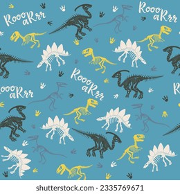 Seamless vector pattern with dinosaur skeleton. 