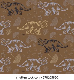 Seamless vector pattern with dinosaur triceratops