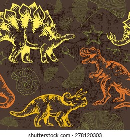 Seamless vector pattern with dinosaur Tyrannosaurus rex, triceratops and stegosaurus