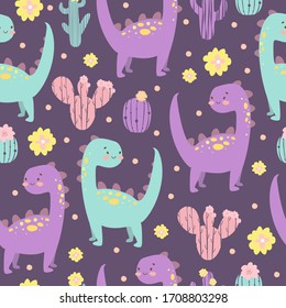 Seamless vector pattern with dinosaurs and cacti. 