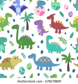 Seamless vector pattern with dinosaurs, foot prins, eggs, baby, palm on white background