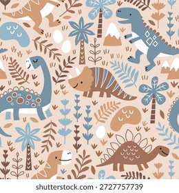 Seamless vector pattern with dinosaurs, mountains and palm trees. Hand drawn cute dino design. Perfect for fabric, wallpaper, wrapping paper or nursery decor.