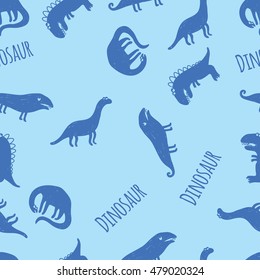 Seamless vector pattern with dinosaurs on blue background