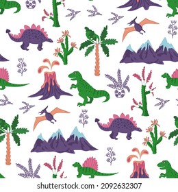 Seamless vector pattern with dinosaurs, for textiles and packaging.