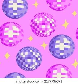 Seamless vector pattern with disco balls and stars on pink background. Party, celebration, psychedelic, hippie concept. 