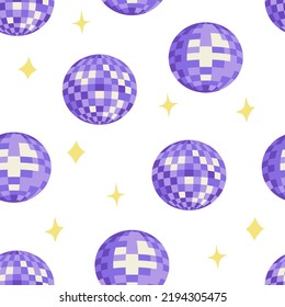 Seamless vector pattern with disco balls and stars. Vector flat background. Party, celebration, psychedelic, hippie concept.
