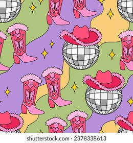 Seamless vector pattern with disco balls, cowboy hats and boots on wavy psychedelic background in retro 1960 style