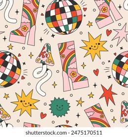 Seamless vector pattern with disco dance elements in 70s and 80s style. Groovy background with heeled boot, disco ball, mushroom, stars. Fun psychedelic texture for wallpaper, wrapping paper, textile