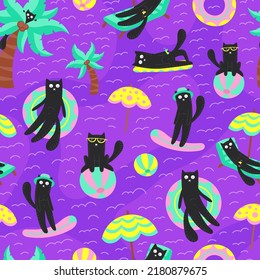 Seamless vector pattern. Disgruntled flat cat in the sea. Cartoon frowning cat with palm trees and a lifeline for print, background, children's development.