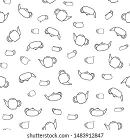 Seamless vector pattern of dishes.Utensils for tea.Teapots,cups,milk jugs,saucers, spoons.Contour drawing of dishes on a white background.For design and decoration of fabric,Wallpaper,paper,packaging.