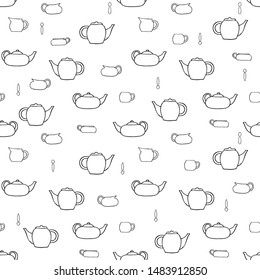 Seamless vector pattern of dishes.Utensils for tea.Teapots,cups,milk jugs,saucers, spoons.Contour drawing of dishes on a white background.For design and decoration of fabric,Wallpaper,paper,packaging.