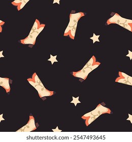 Seamless vector pattern displaying cowboy boots and stars on a dark background, suitable for apparel and themed designs.