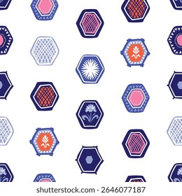 Seamless vector pattern displaying hexagons, featuring floral designs and geometric shapes, hexagonal background