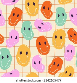 Seamless Vector Pattern With Distoted Smiling Faces. 70s, 80s, 90s Vibes Plaid Background. Abstract Smiles Emoji On Squares. Vintage Nostalgia Elements In Groovy Style