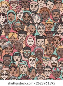 Seamless Vector Pattern of Diverse Doodle Faces – Hand-Drawn Ink Illustration