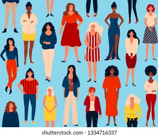 Seamless vector pattern with diverse international group of standing happy women or girls.