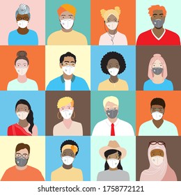 Seamless vector pattern diverse people in face masks, square avatars set. Minimal cartoon young female, male portraits. International team arabian, asian, african characters during coronavirus pandemy