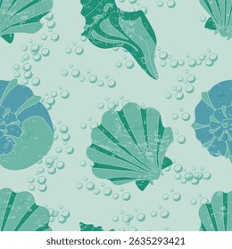 Padrão de vetor sem emenda com conchas marinhas diversas. Perfeito para temas de praia, projetos de verão, embalagens, têxteis, fundos. Infinitas linhas repetitivas, escaláveis e limpas.