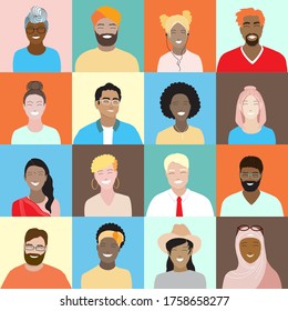 Seamless vector pattern, diverse smiling people square avatars set. Minimal cartoon young female, male portraits. Multicultural diversity group, international team, arabian, asian, african characters.