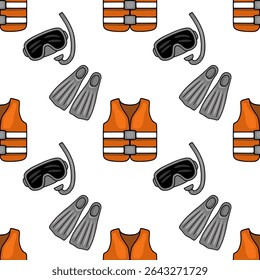 Seamless vector pattern of diving equipment: orange life vest, gray flippers, and diving mask with snorkel, creating a playful and summery underwater adventure vibe.