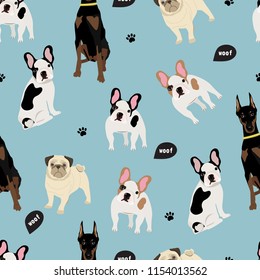 Seamless vector pattern with dobermann, French bulldog, pug. The dog pattern.