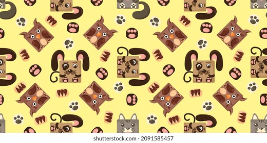 Seamless vector pattern of dog, cat, owl. Square dog, cat, owl on background