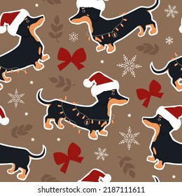 Seamless vector pattern of dog dachshund in a New Year's hat and Christmas elements. For fabrics, wrapping paper, wallpapers.