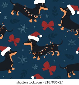 Seamless vector pattern with dog dachshund in a Christmas hat in a garland and Christmas elements. For fabrics, wrapping paper, wallpapers.