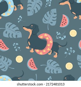 Seamless vector pattern of dog dachshunds, monstera leaves, watermelons, lemons, flowers. For fabrics, wrapping paper, wallpapers.