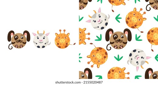 Seamless vector pattern of dog, giraffe, goat. Round sheep, cat, owl on background. Vector illustration