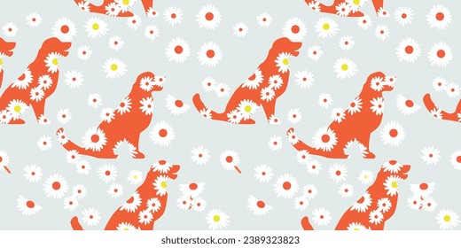 Seamless vector pattern with a dog on a floral background. seamless dog with tropical leaves. floral seamless pattern with leaves