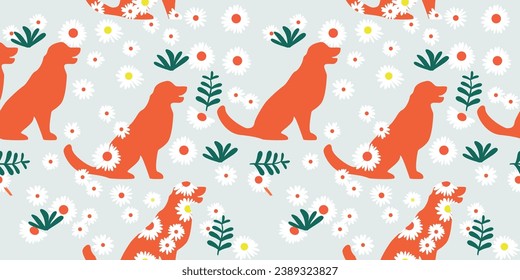 Seamless vector pattern with a dog on a floral background. seamless dog with tropical leaves. floral seamless pattern with leaves