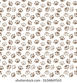 Seamless vector pattern of dog paw prints in varying shades of brown and tan on a clean white background. Perfect for kids’ products, textiles, digital backgrounds, pet-themed designs.