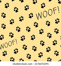 Seamless vector pattern with dog paws print and Woof text. Animal footprint on yellow background.
