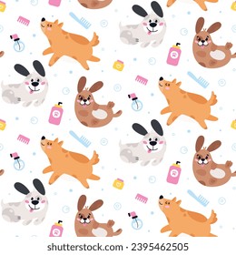 Seamless vector pattern with dog pet grooming. Caring about pet. Dog washing and barber service. Flat vector illustration