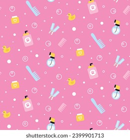 Seamless vector pattern with dog pet grooming equipment. Caring about pet. Flat vector illustration