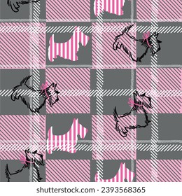 Seamless vector pattern with dog scottish terriers on background for plaid in on-trend colors. Abstract, tar tan, valentine, line print hand drawn. Designs for textiles, fabric, wrapping paper