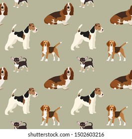 Seamless vector pattern dogs different breeds bloodhound beagle Airedale toy terrier nice adorable background for fabric cards wrapping paper