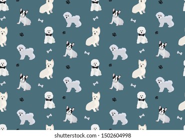 Seamless vector pattern dogs different breeds French bulldog Maltese west highland white terrier bone paw print nice adorable background for fabric cards wrapping paper