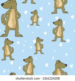 Seamless vector pattern with dogs and hearts on blue background. Good for printing. Wallpaper and textile design. Wrapping paper idea.
