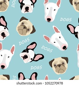 Seamless vector pattern with dogs of Pug breed, French Bulldog, Bull Terrier.