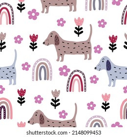 Seamless vector pattern with dogs, tulips, daisies and rainbows on white background. Modern cute pattern.