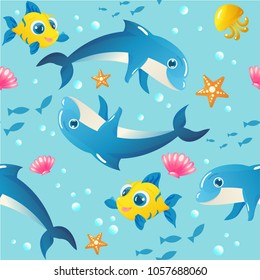 Seamless vector pattern with dolphins, fish, starfish, seashells, jellyfish, and bubbles. Perfect for textile, covers, wallpapers and other design works