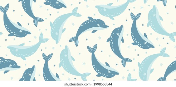 Seamless vector pattern with dolphins on a light background. Cute dolphin pattern for kids. Underwater inhabitants. Simple dolphin. Adorable sea creatures. Underwater nursery pattern. Nursery pattern